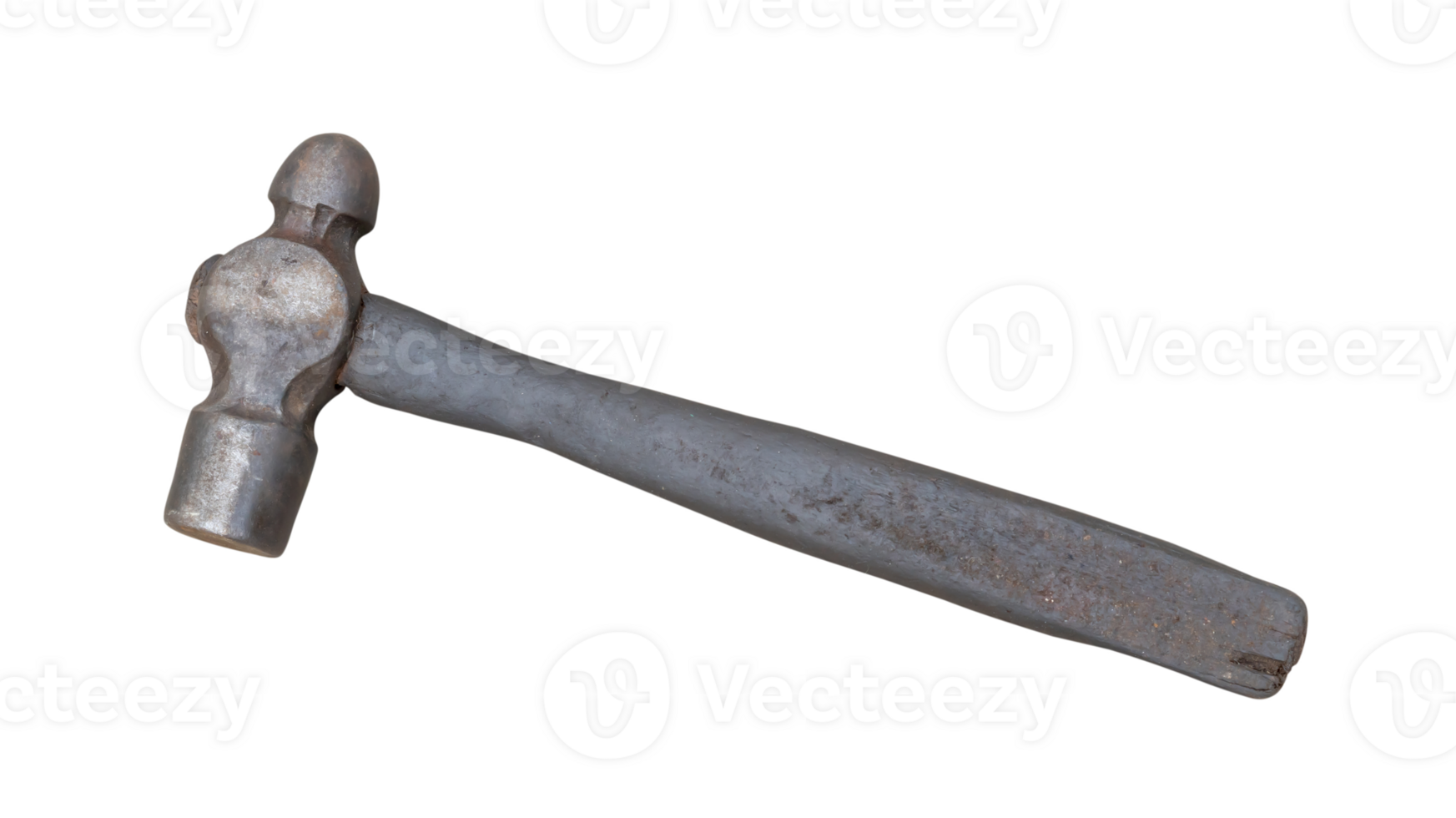 Single dirty old metal or iron hammer with wooden handle isolated with clipping path in png file format.