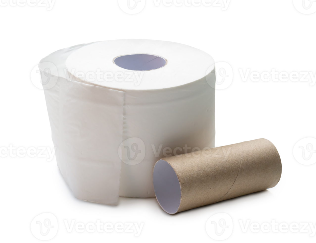 Single roll of white tissue paper or napkin with core prepared for use in toilet or restroom isolated with clipping path and shadow in png file format