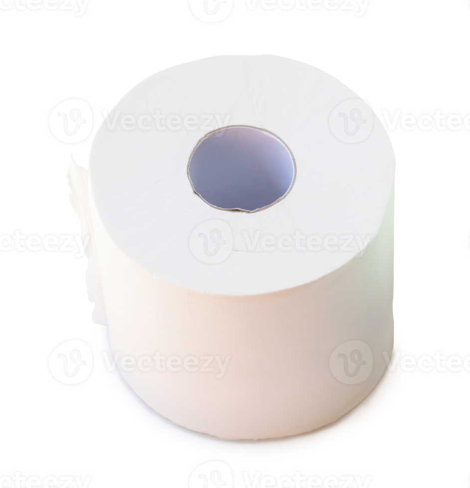 Single roll of white tissue paper or napkin prepared for use in toilet or restroom isolated with clipping path and shadow in png file format.
