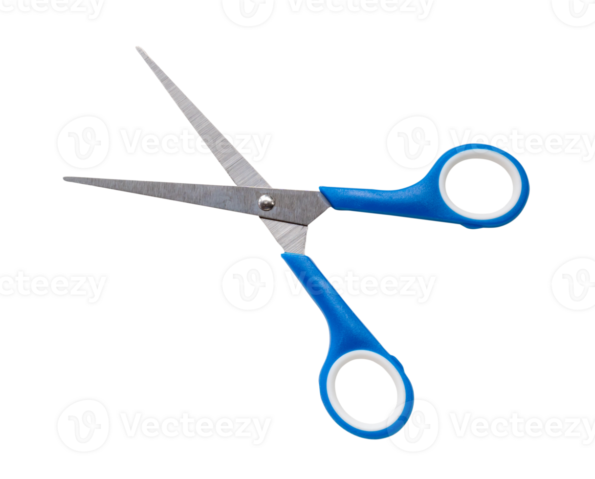Small kid scissors with blue handle isolated with clipping path. in png file format