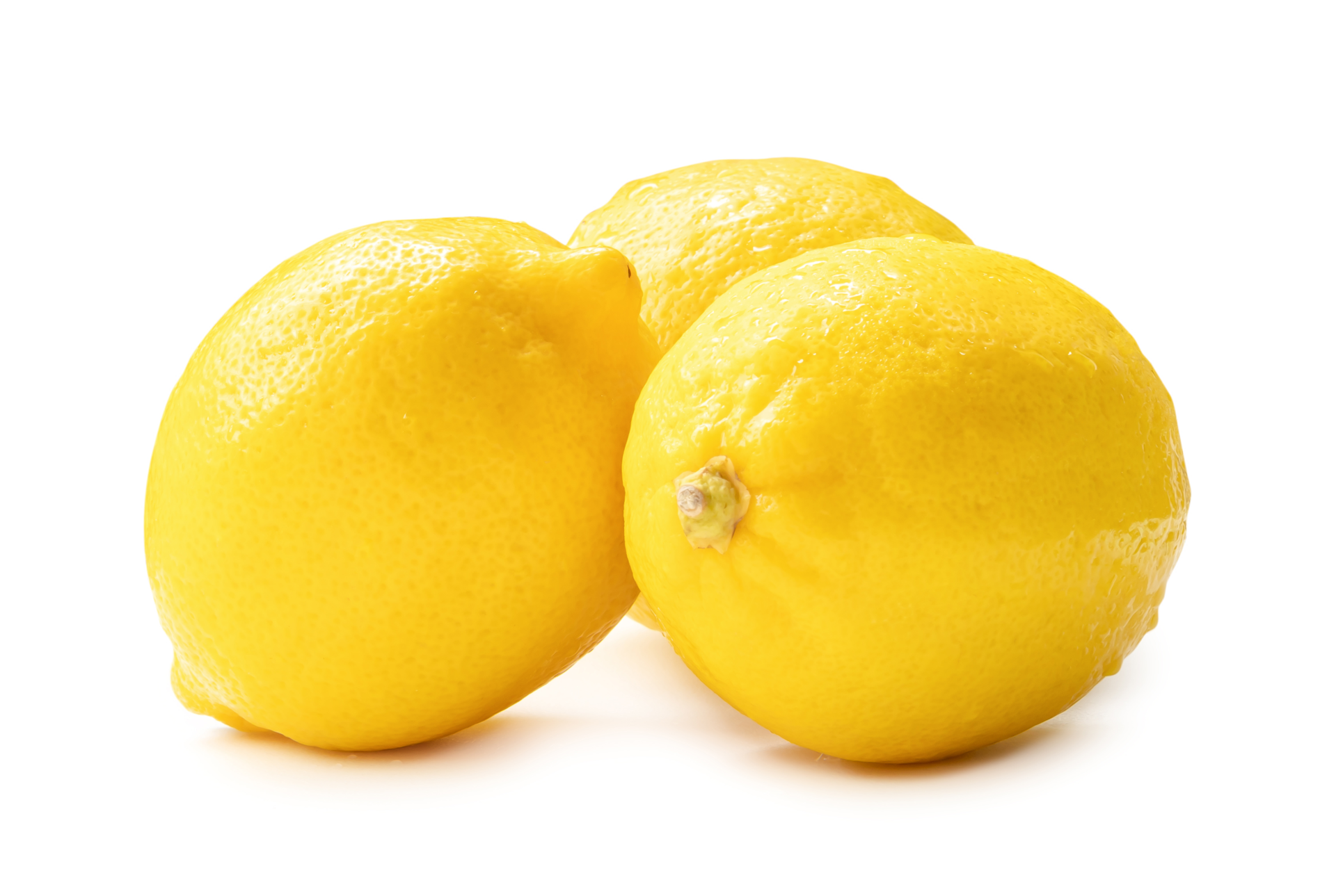 Three whole fresh beautiful yellow lemons in stack isolated with clipping path and shadow in png