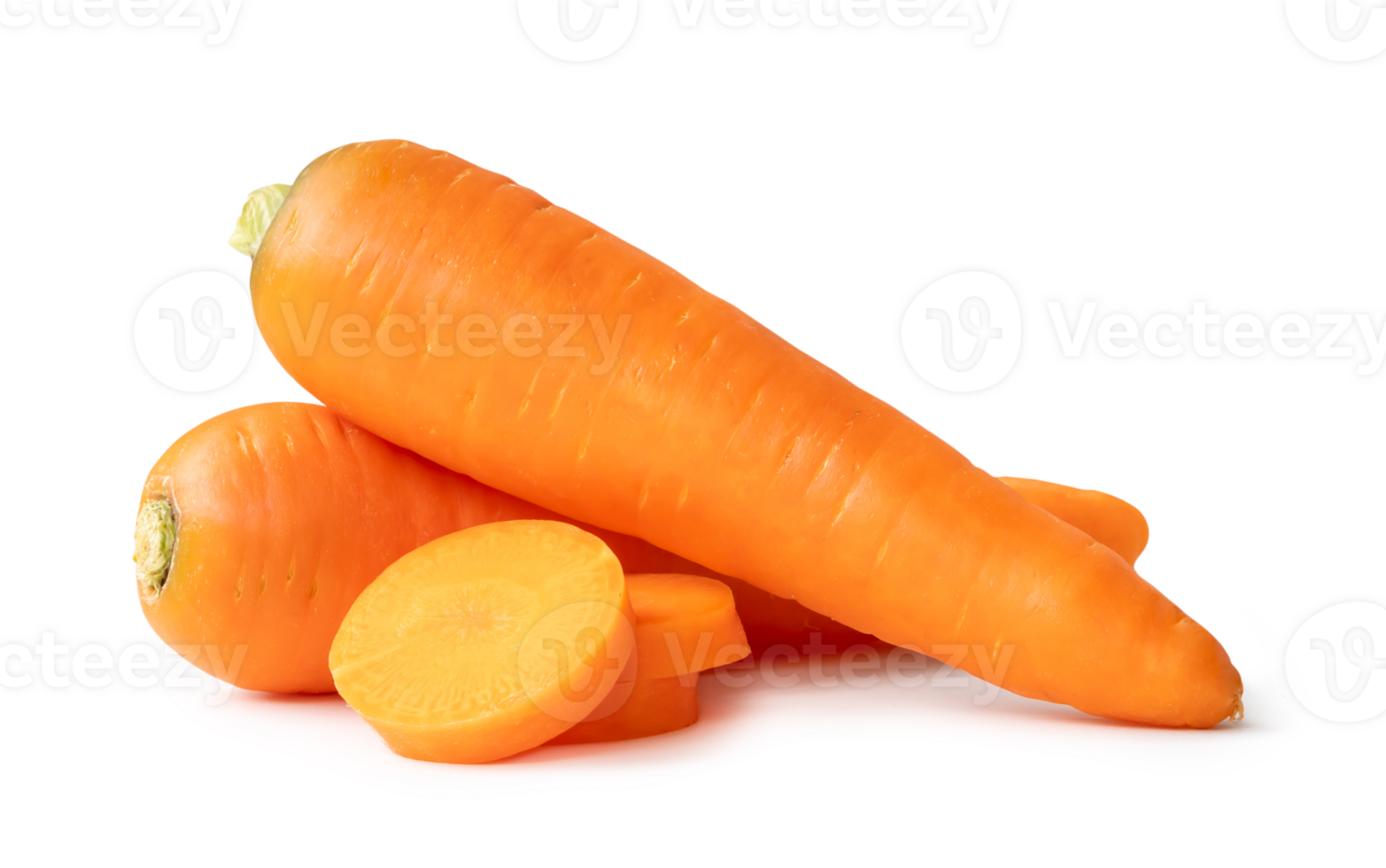 Two fresh orange carrots with slices in stack isolated with clipping path and shadow in png file format Close up of healthy vegetable root