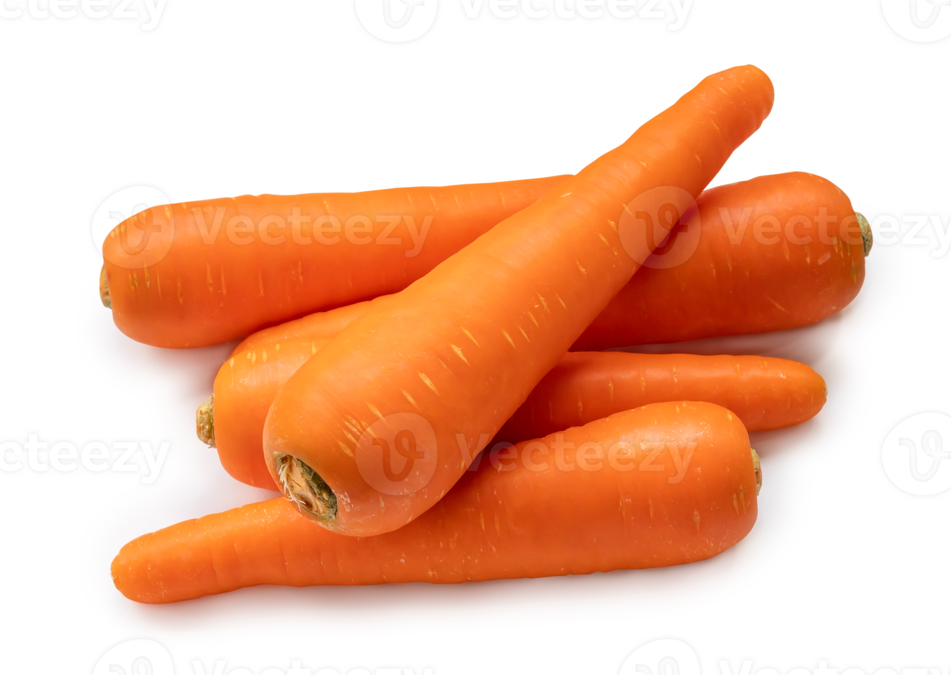 Fresh orange carrots in stack isolated with clipping path and shadow in png file format Close up