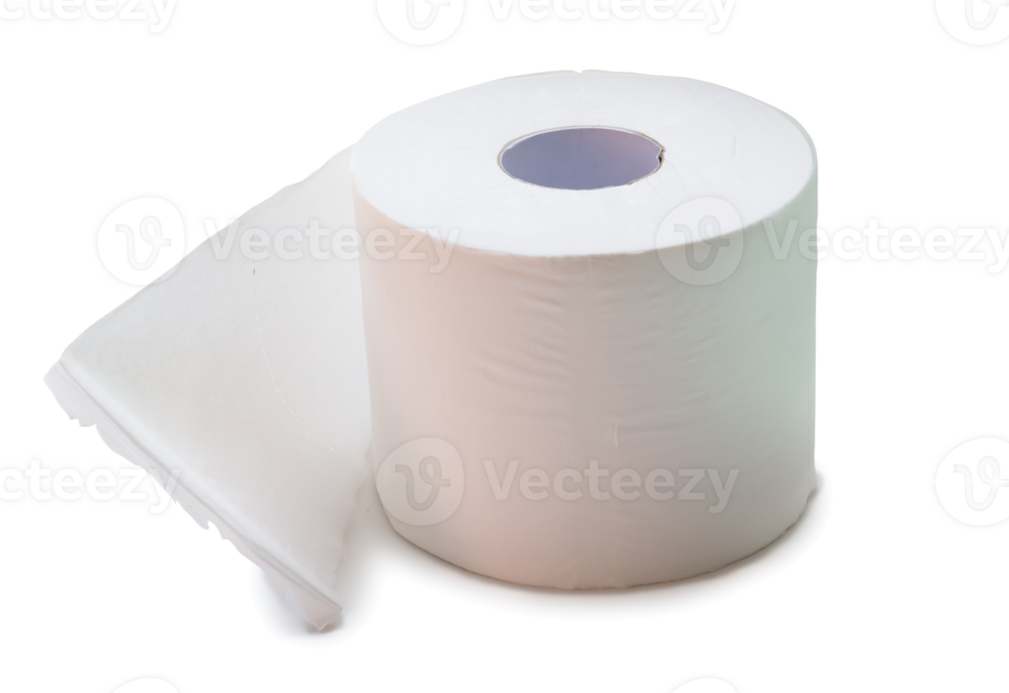Single roll of white tissue paper or napkin prepared for use in toilet or restroom isolated with clipping path and shadow in png file format