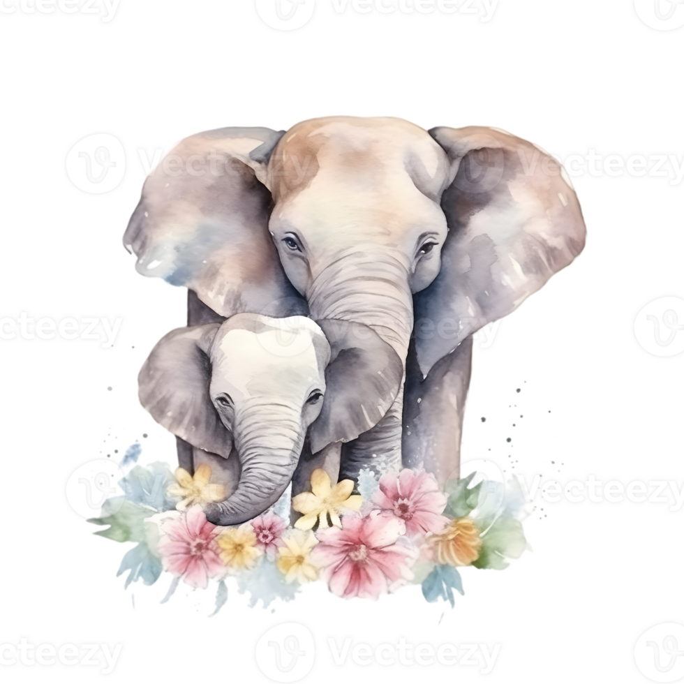 Watercolor elephant with baby AI Generative png