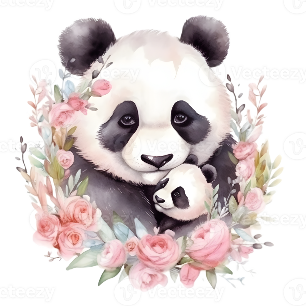 Watercolor panda with baby png