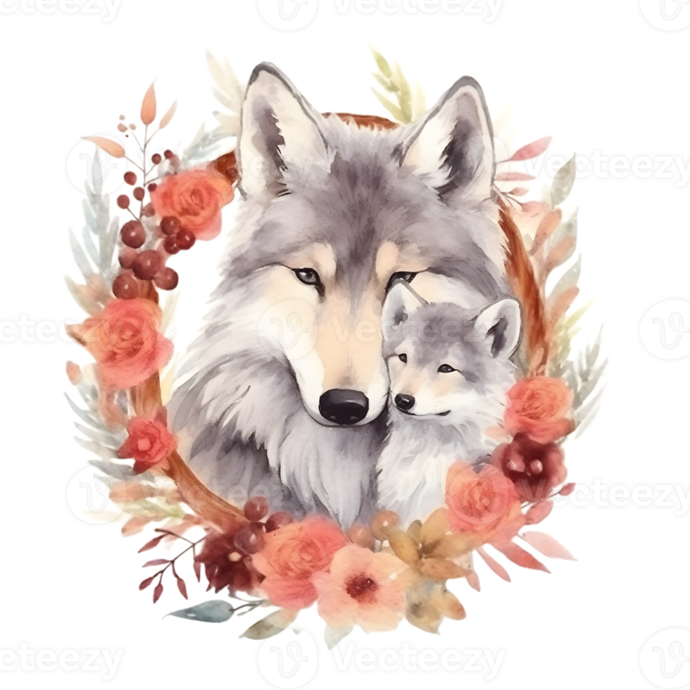 Aquarell Wolf mit Baby ai generativ png