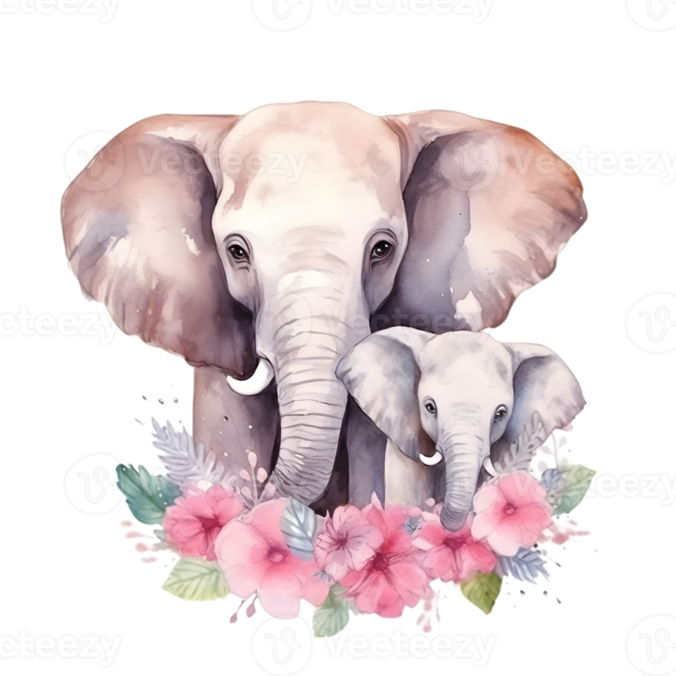 Watercolor elephant with baby png