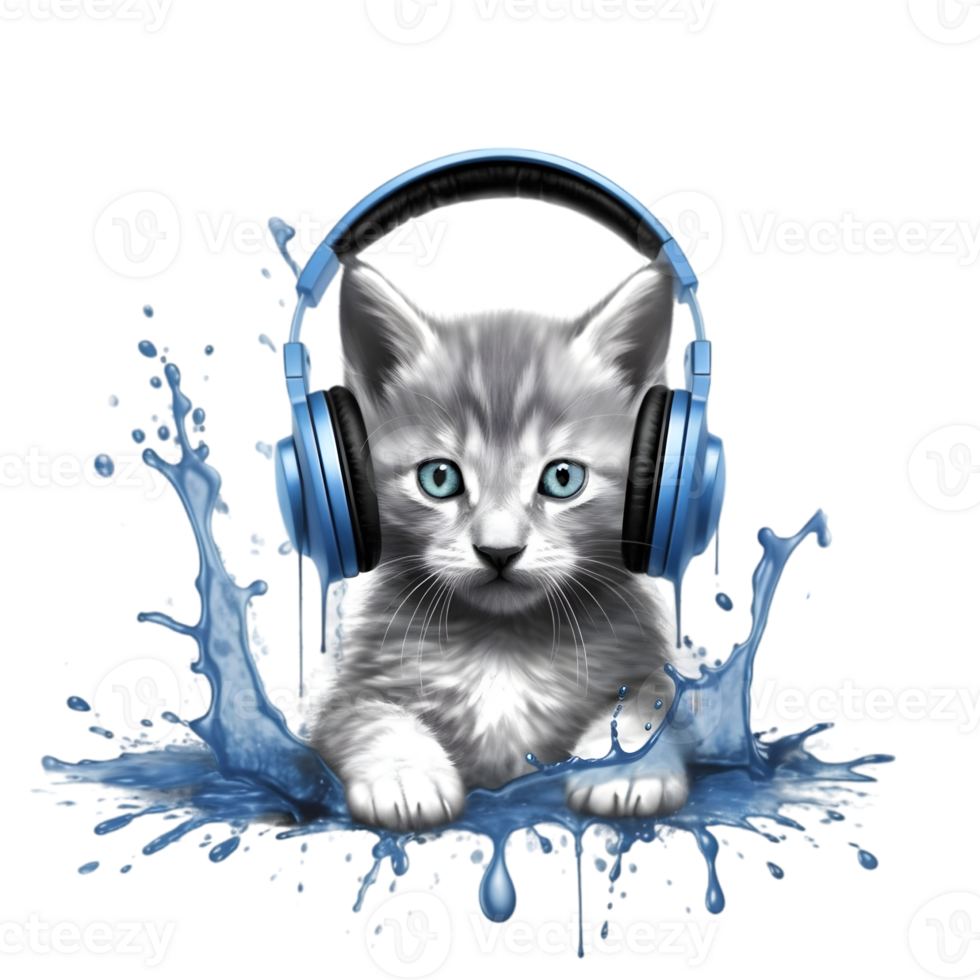 cute kitten with headphones png
