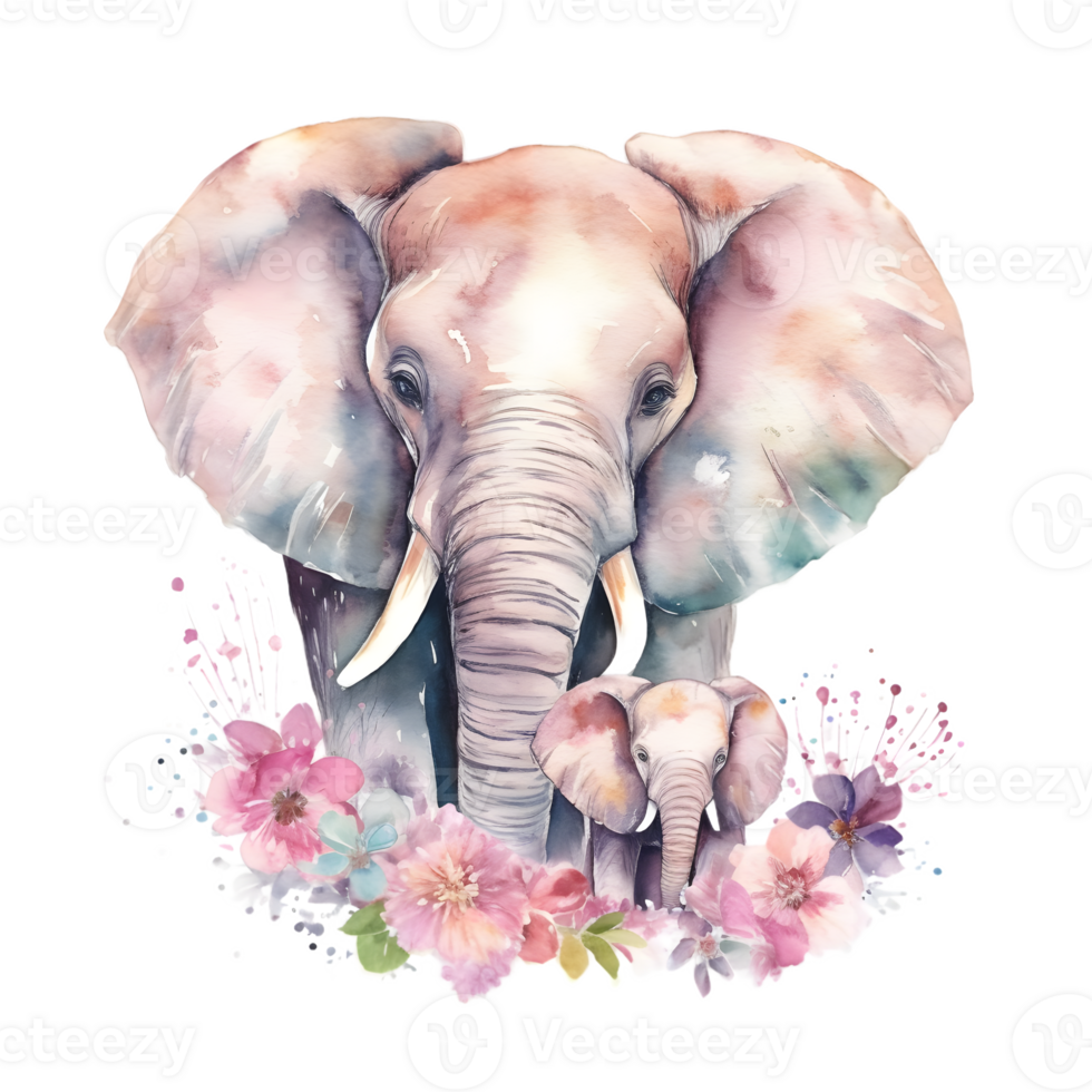 Watercolor elephant with baby AI Generative png