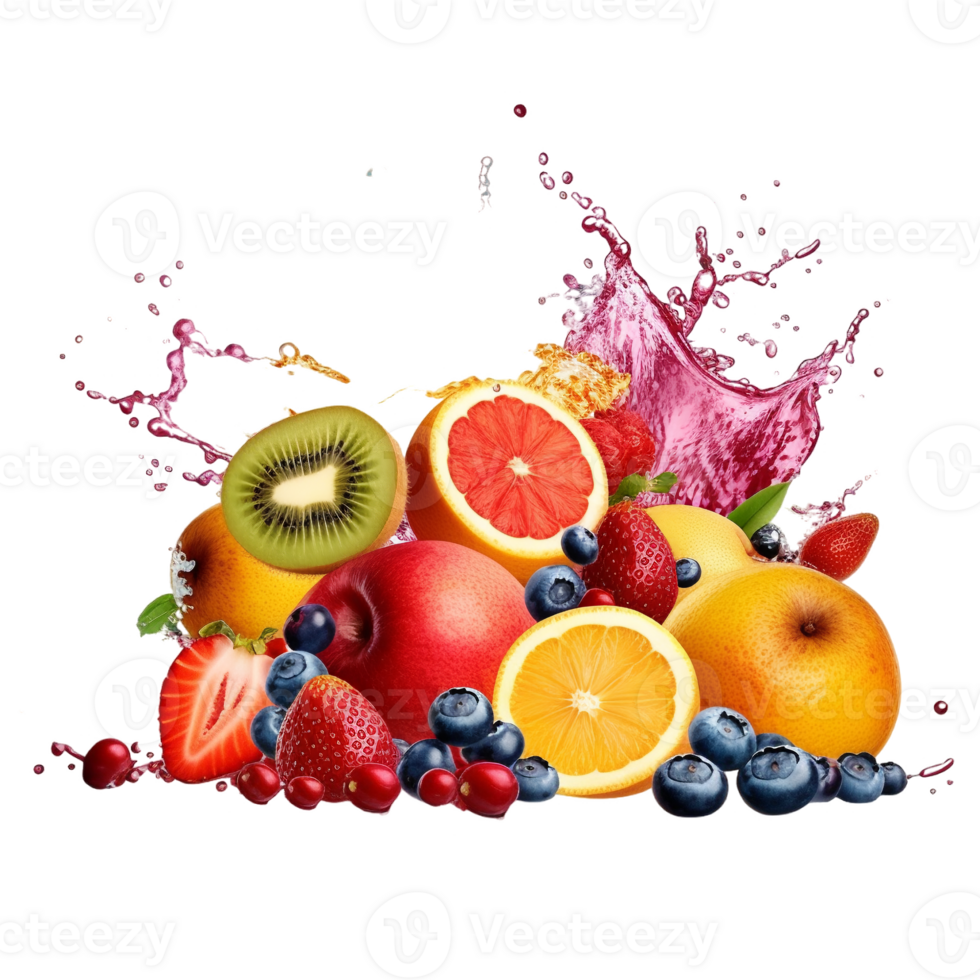 sliced fruits with water splash png