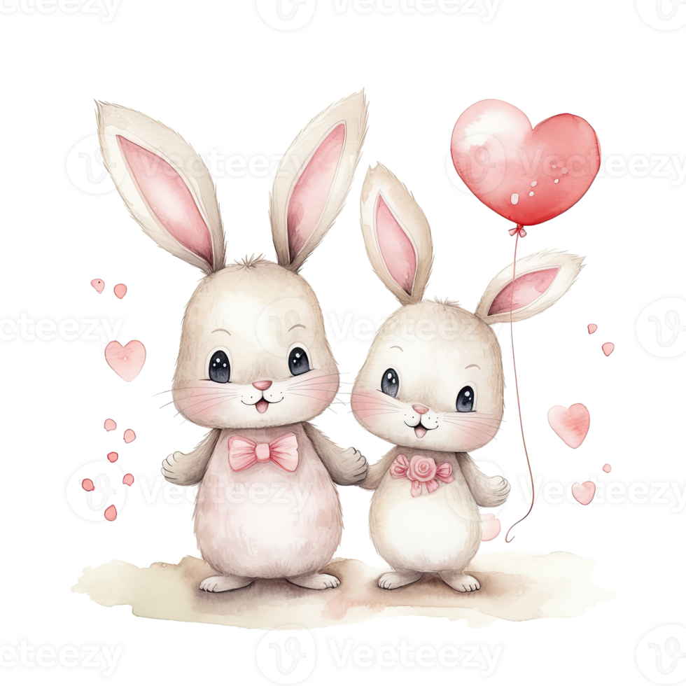 Cute watercolor bunny couple. Illustration AI Generative png