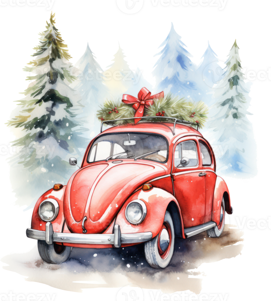 Cute Christmas watercolor retro car isolated. Illustration png