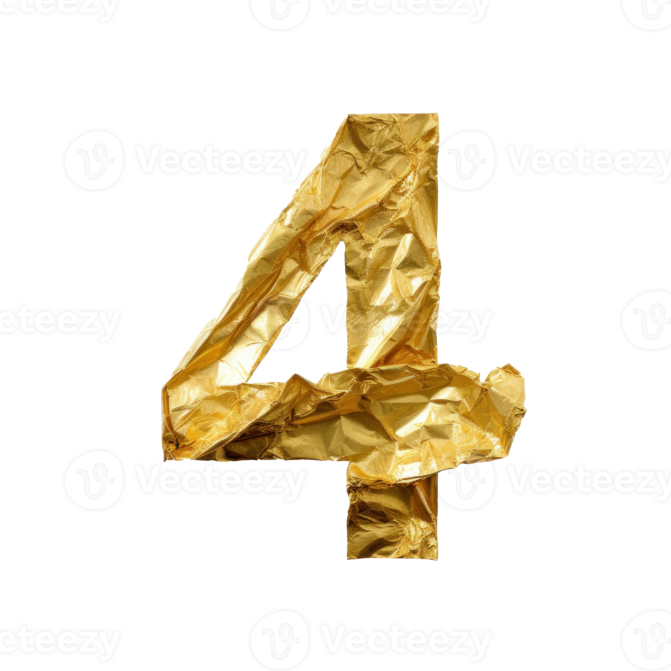 Crumpled gold foil number 4 isolated. Illustration AI Generative png