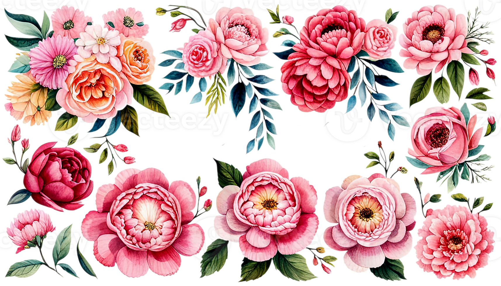 Flower set. Blue flowers,pink and Burgundy roses, twigs, leaves. For compositions of roses, floral frame with roses, watercolor invitation design,cards with flowers. Wedding. png