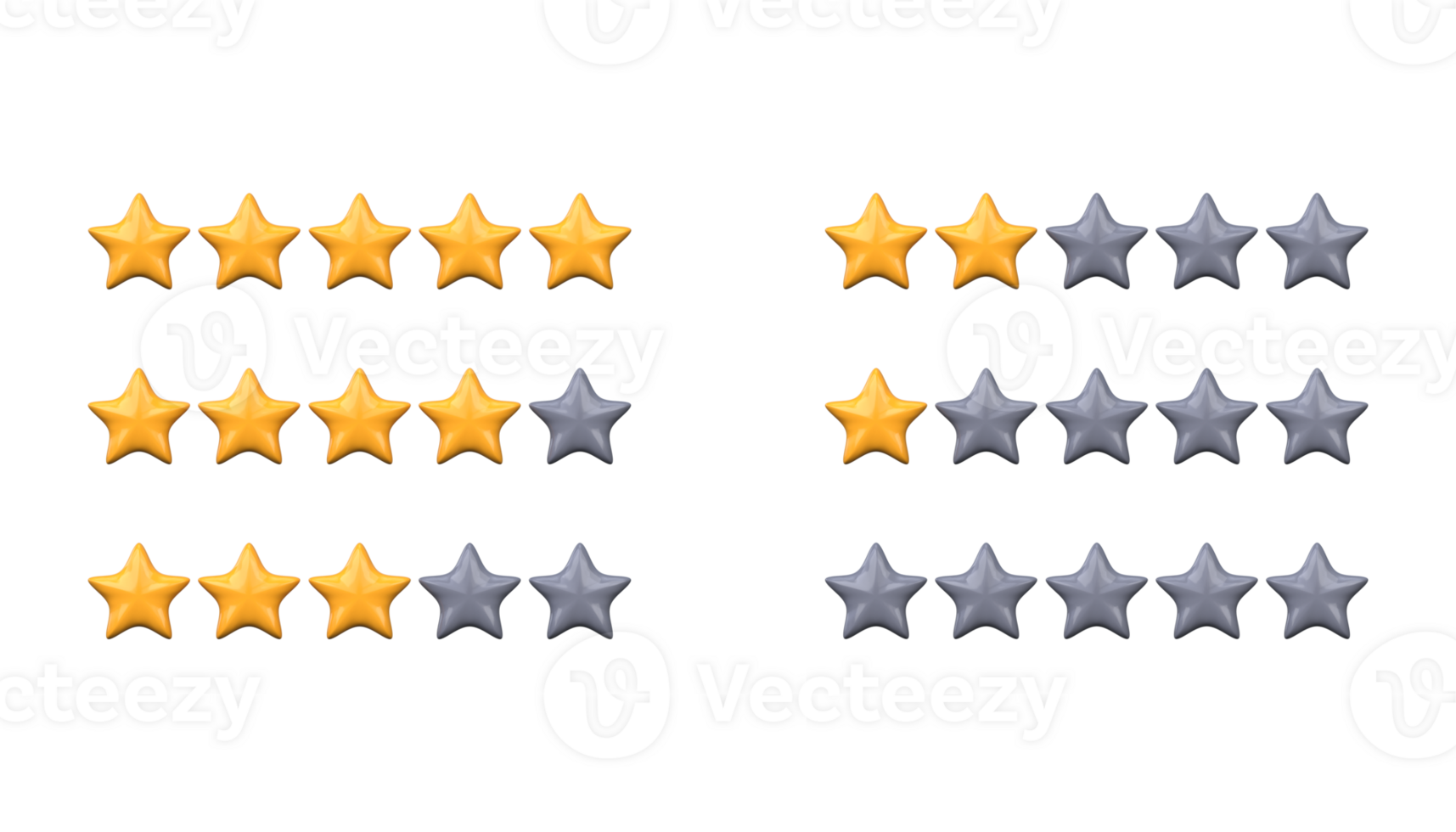 Product rating or customer review with 3d stars. A set of star ratings