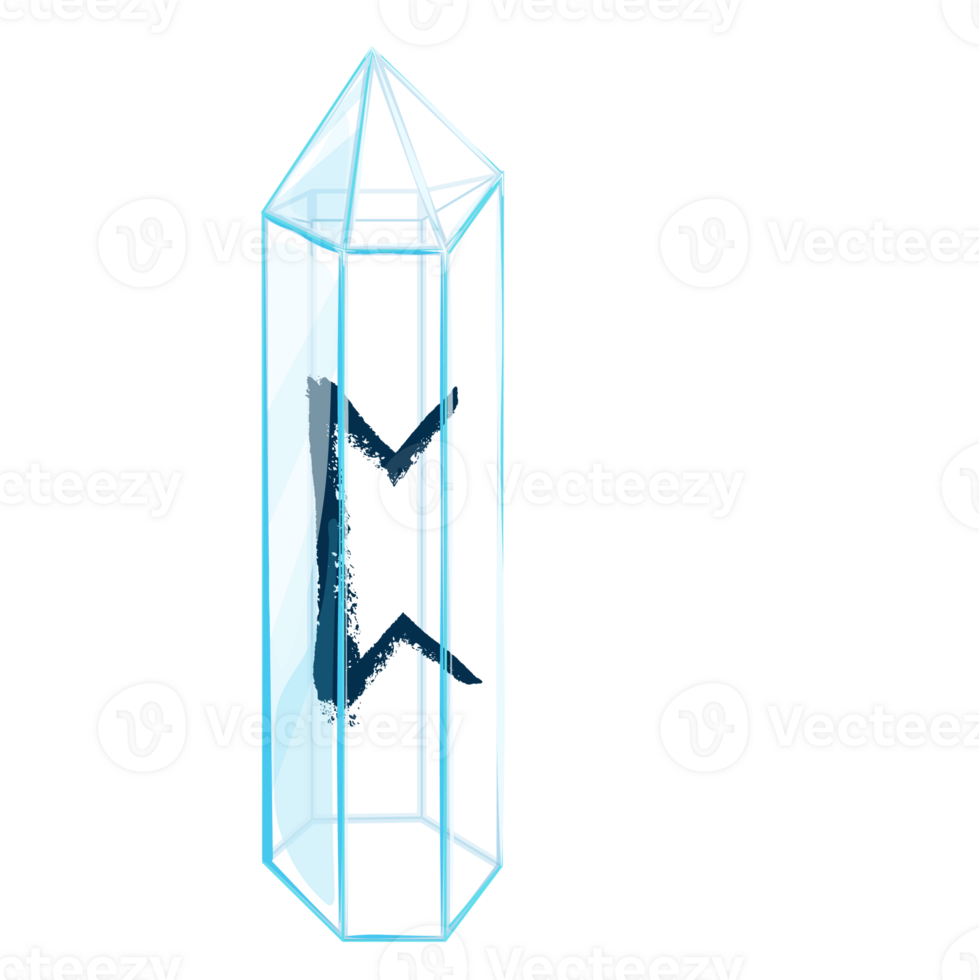 Line Art Crystal with Rune Perth. Curative Transparent Healing Quartz. Blue Clear Bright Gem. Magic Stone png