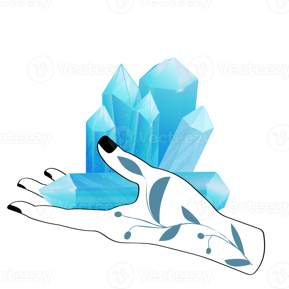 Crystal. Curative Transparent Healing Quartz. Gradient Clear Bright Gem with Outline Hand and Flower. Floral Magic Stone png