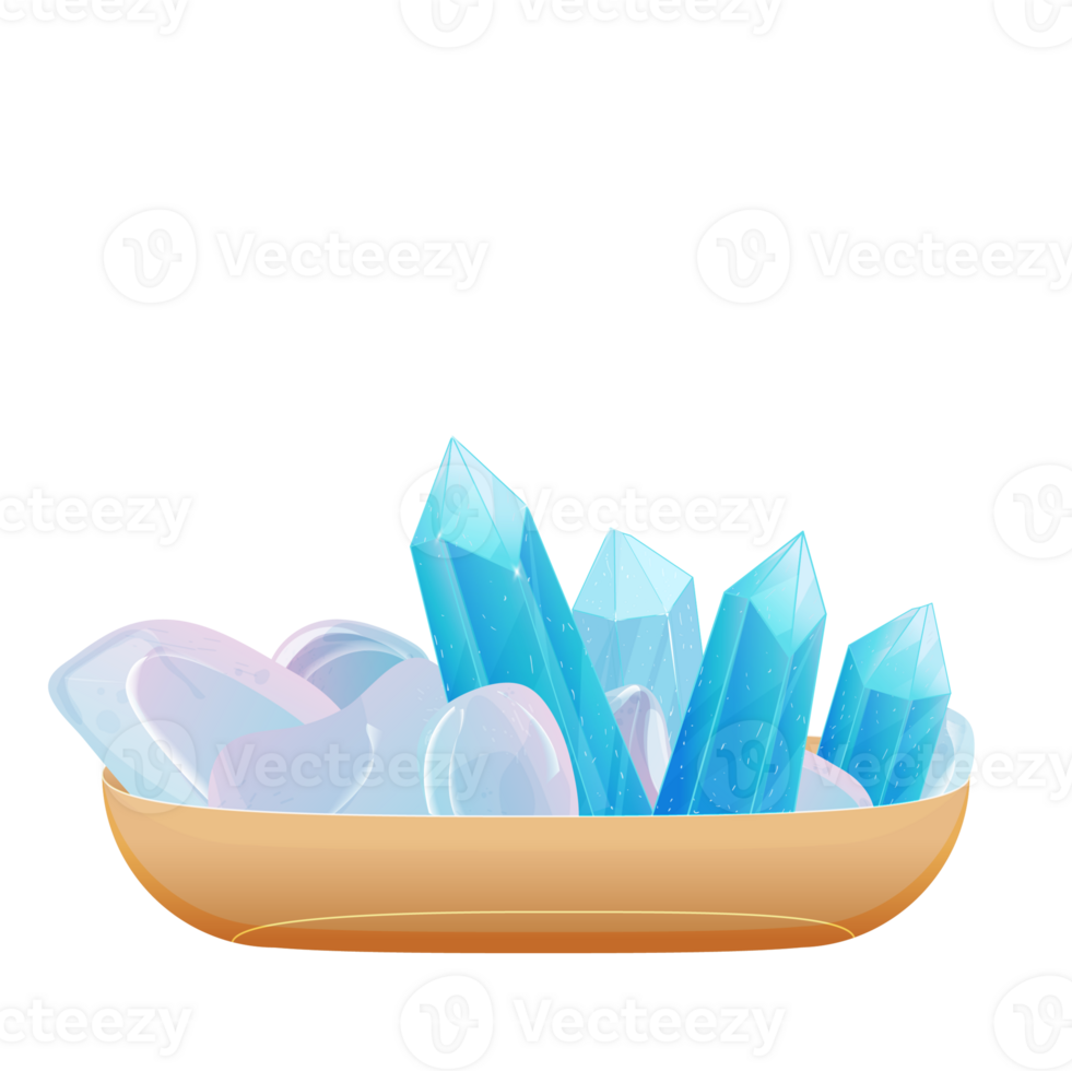 Minerals in a plate. Crystal Stone Set. Healing Transparent Healing Quartz. Blue Gradient Transparent Bright Gemstone. The Magic Gem png