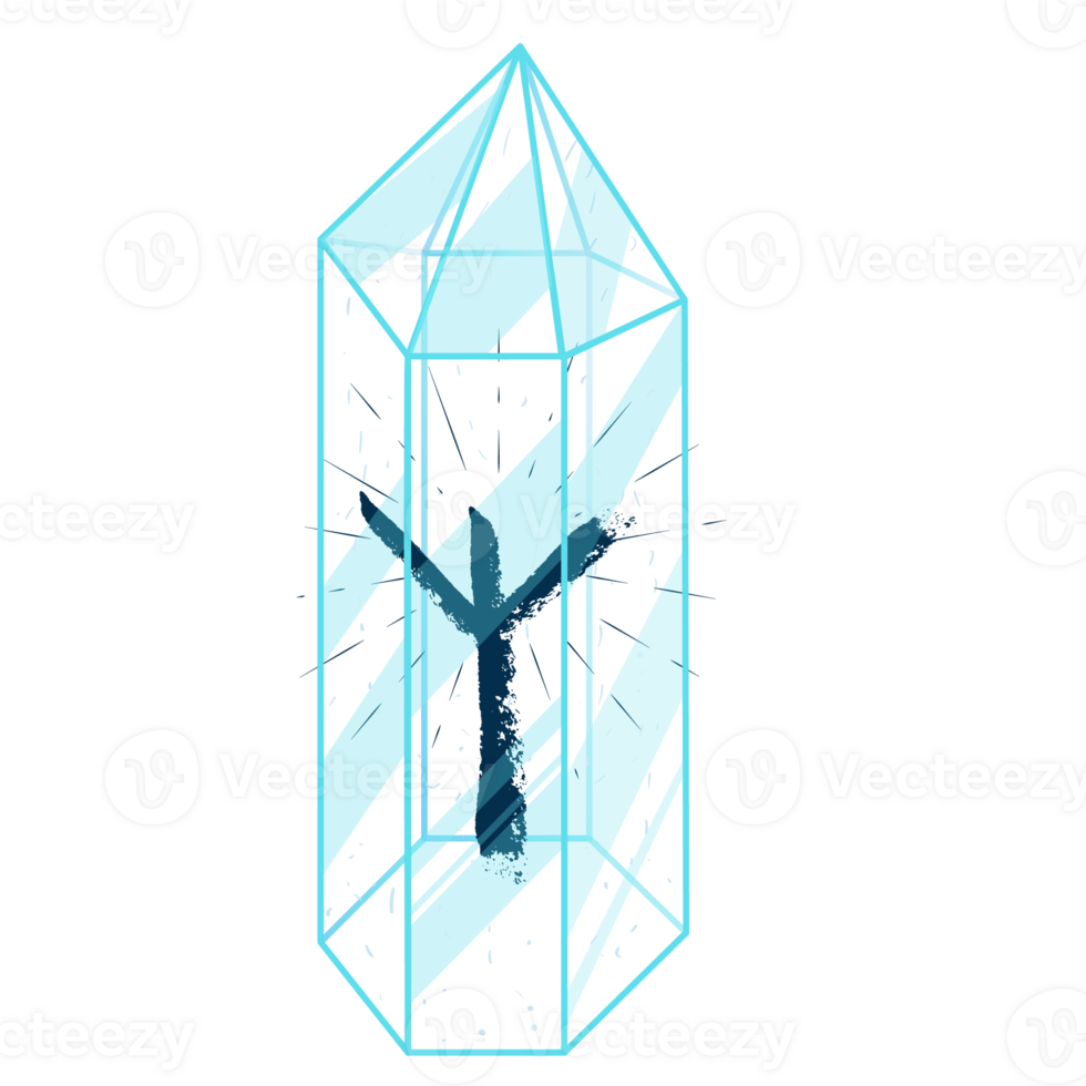 Line Art Crystal with Rune Algiz. Curative Transparent Healing Quartz. Blue Clear Bright Gem. Magic Stone png