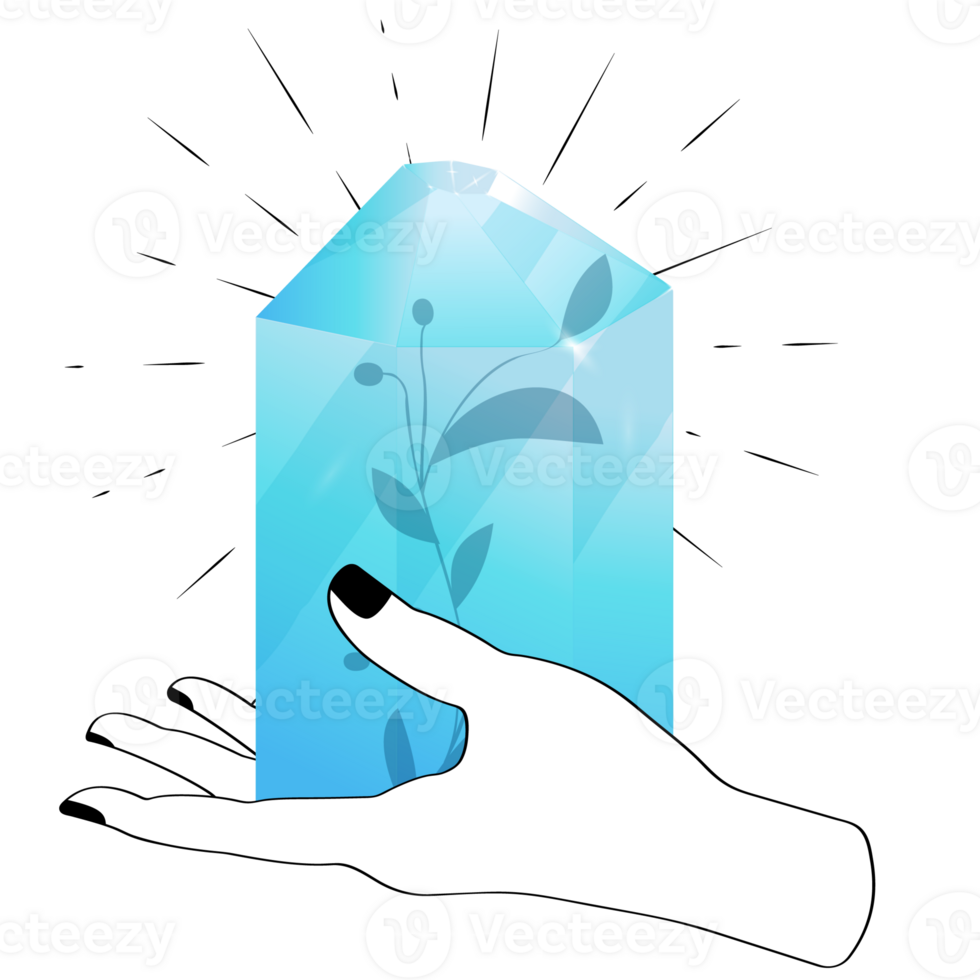 Crystal. Curative Transparent Healing Quartz. Gradient Clear Bright Gem with Outline Hand and Flower. Floral Magic Stone png