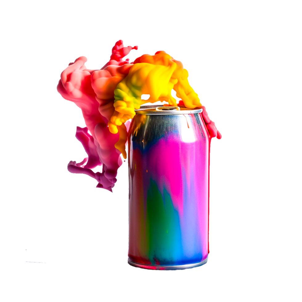 bright multi-colored aluminum cans mockup with scattering multi-colored splashes, created with png