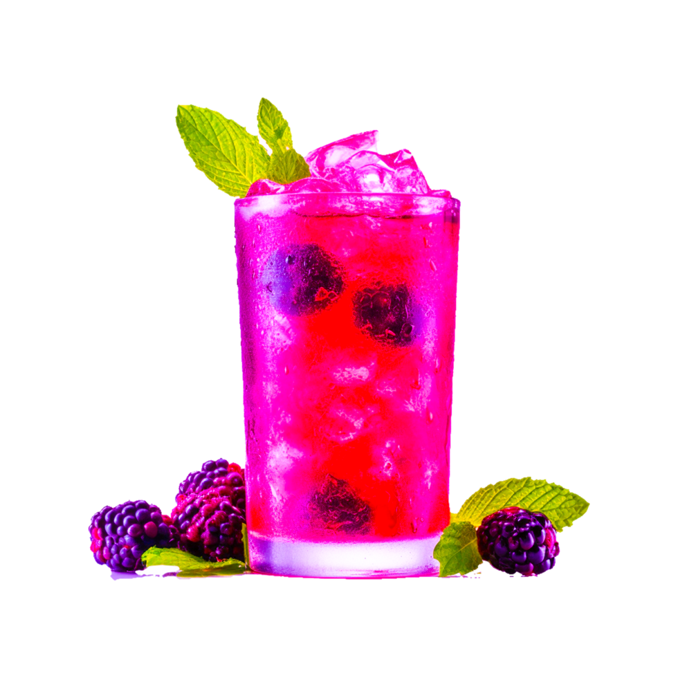 Fresh tasty blueberry lemonade drink glass with ice cubes on transparent background png
