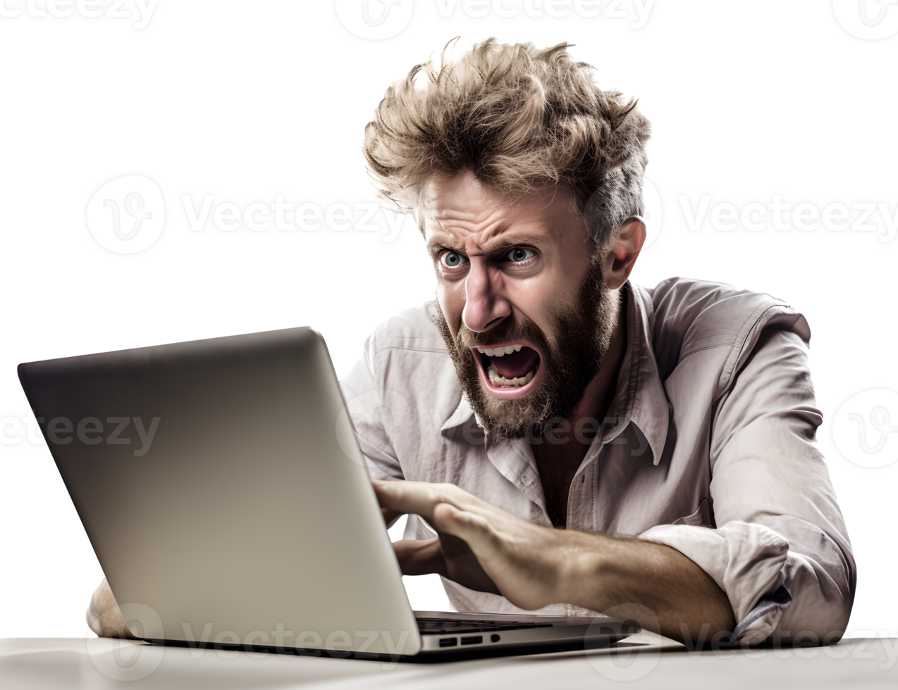 A Man Working Hard on Laptop in Mad, Frayed, Stress, Crazy with Messy