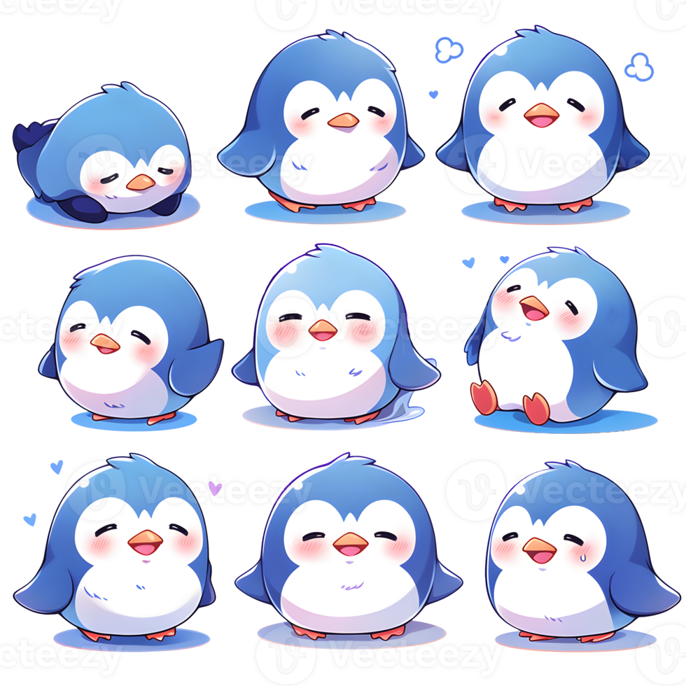 set of happy cute baby blue penguin sticker generate with AI png