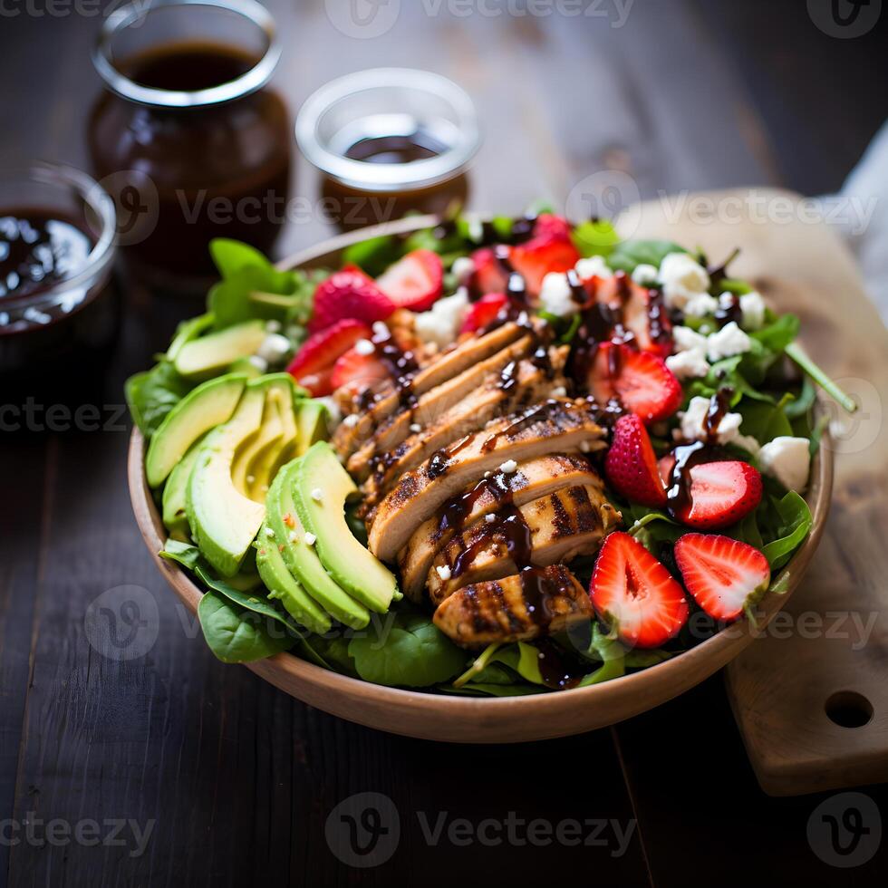 A refreshing summer salad with mixed greens strawberries avocado and grilled chicken photo