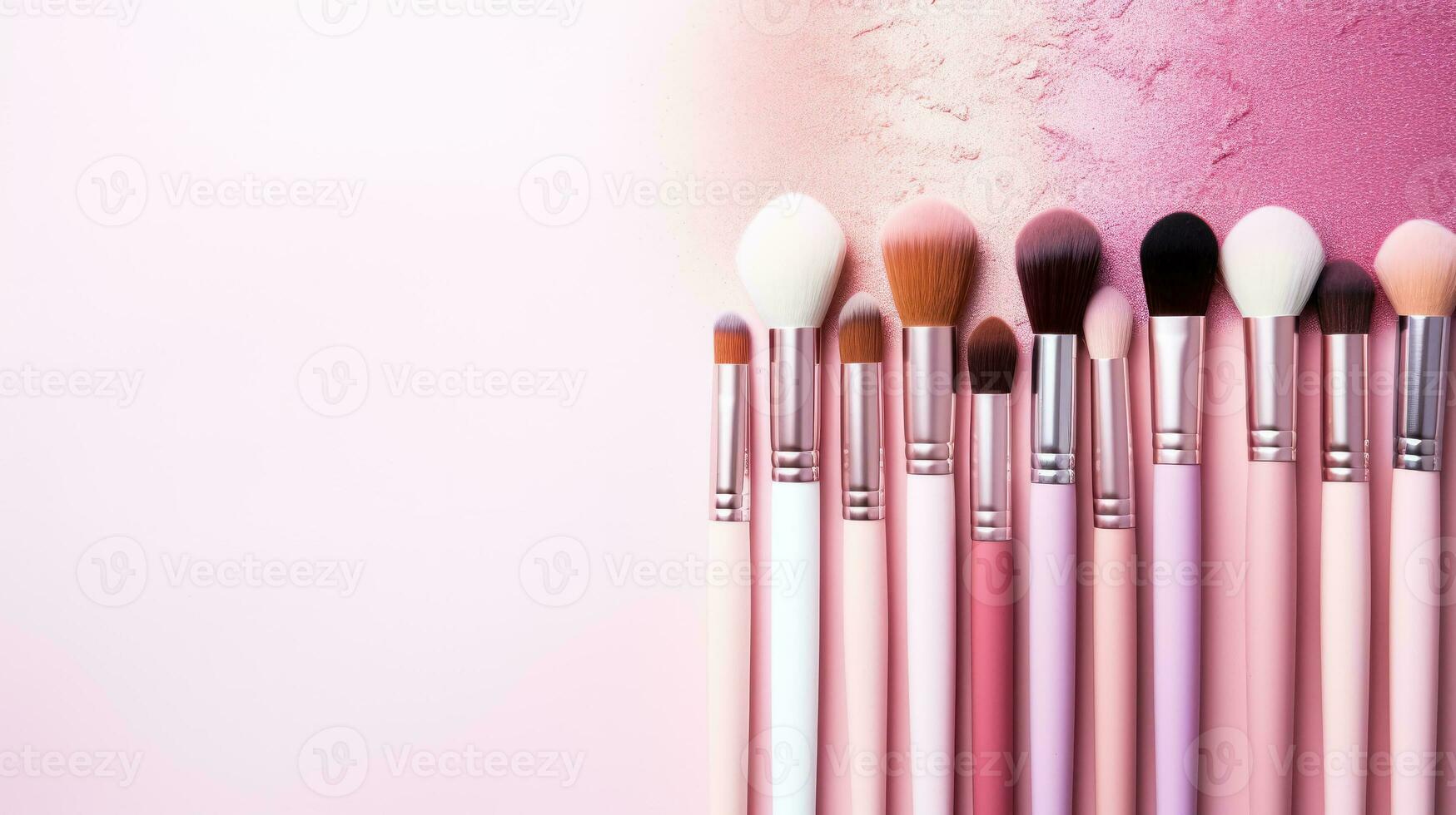 Beauty make up cosmetic women products accessories in line row on pink flat lay background photo