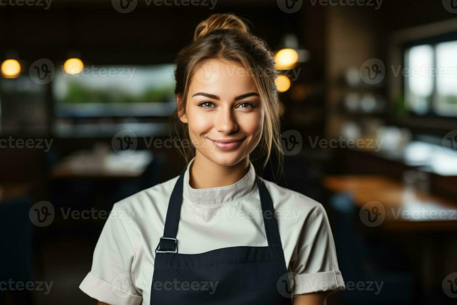 mujer en un del chef uniforme en un profesional cocina foto con vacío espacio para texto