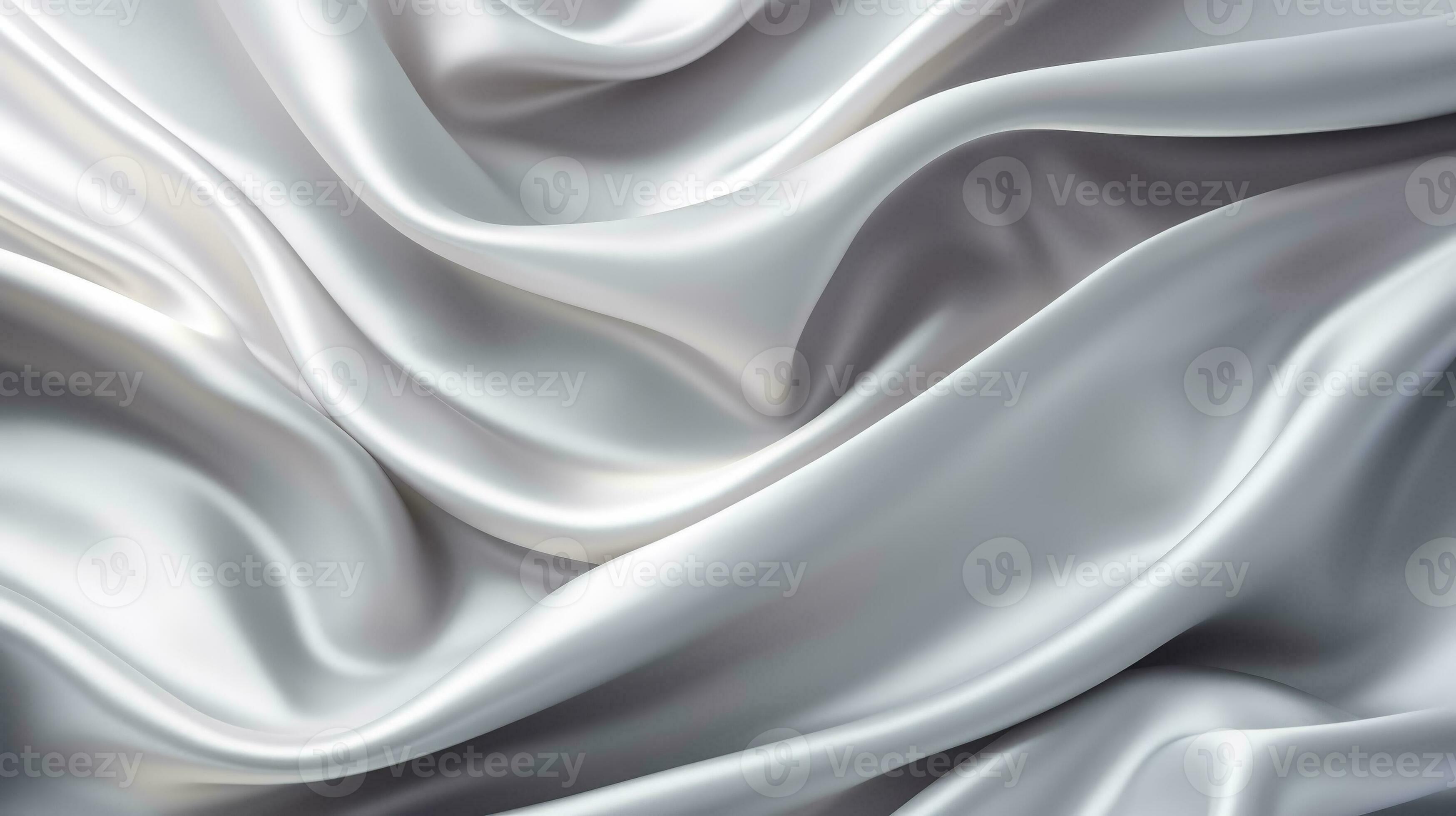 Silver white shiny material with folds in draped silk or satin material  design, luxury white background in wavy rippled cloth with smooth metallic  fabric texture Stock Illustration