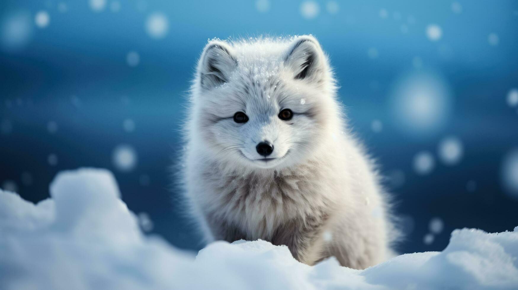 Arctic fox on snow background with empty space for text photo