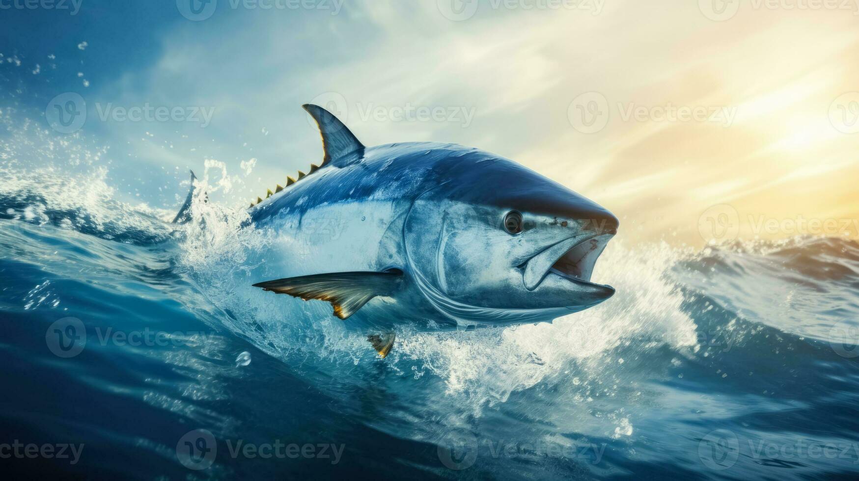 Tuna jumping out of the ocean background with empty space for text photo