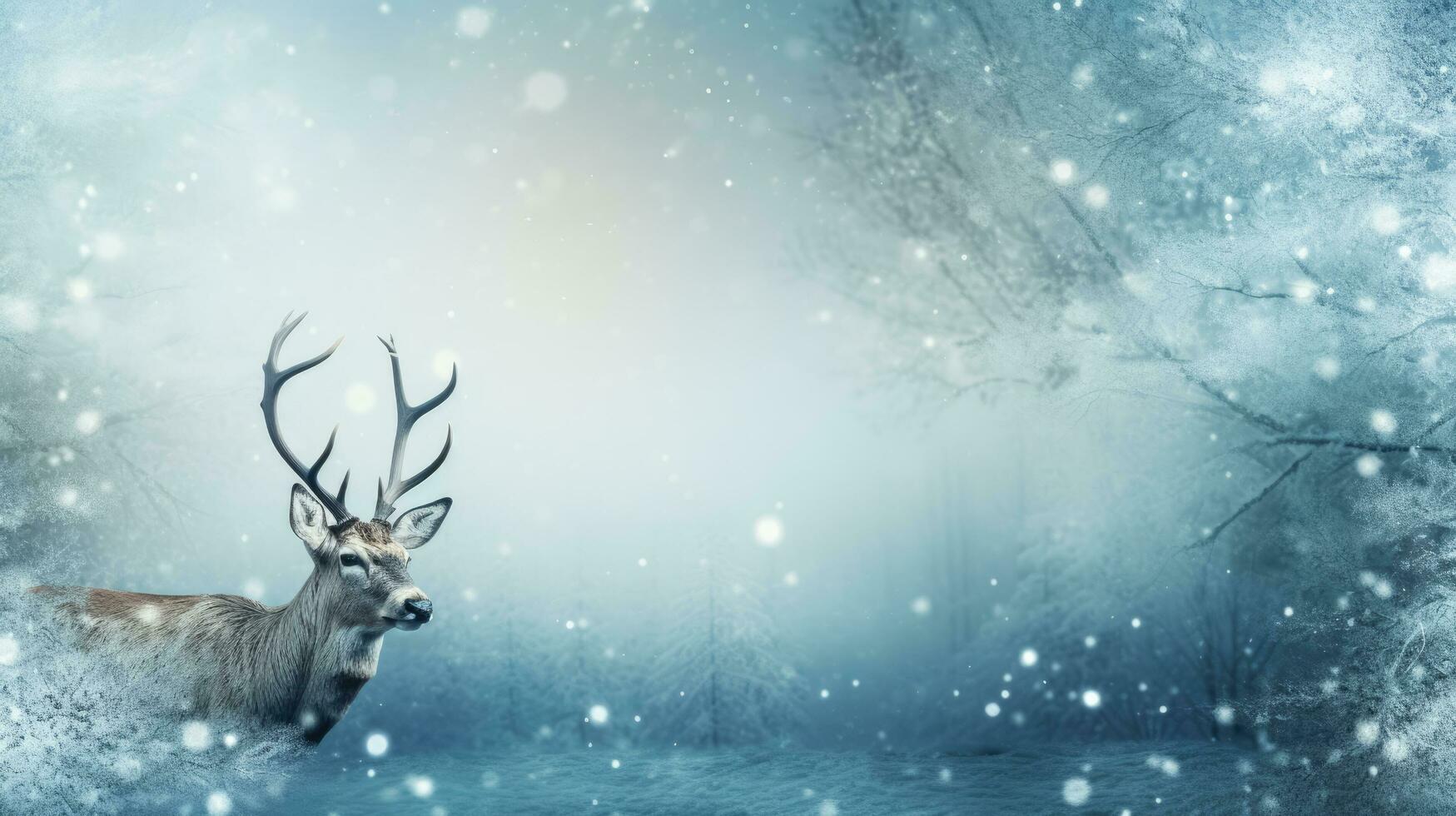 Reindeer on snow background with empty space for text photo