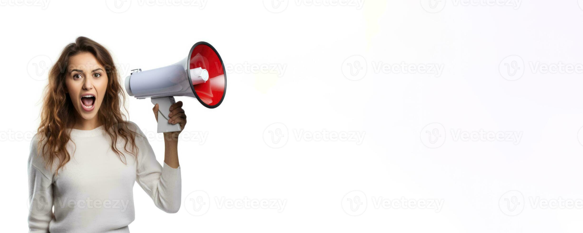 Woman with a megaphone white background with empty space photo
