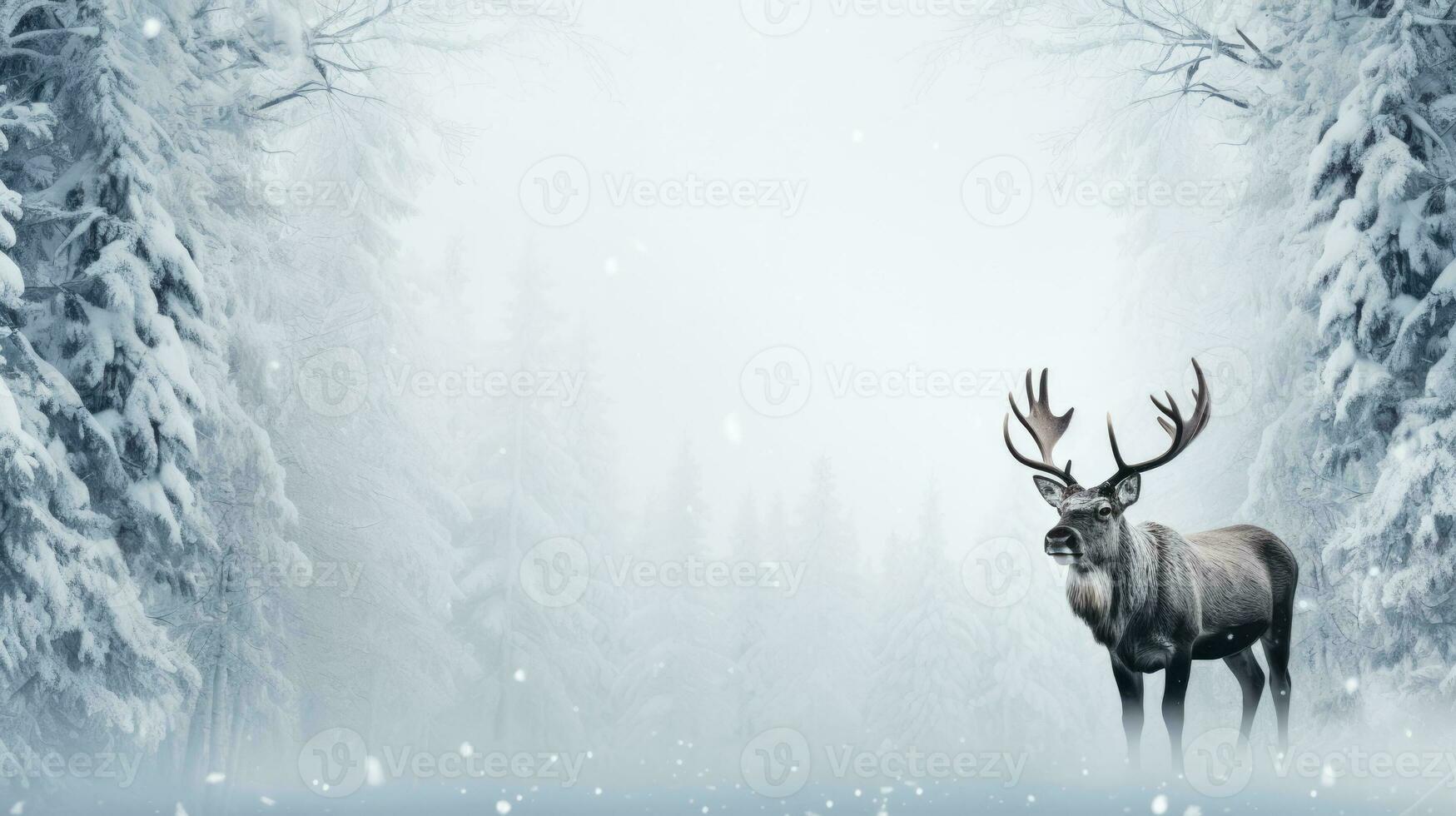 Snowy moose on snow background with empty space for text photo