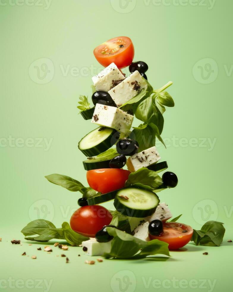 Stack of balancing greek salad isolated on vivid background with a copy space, creative concept photo