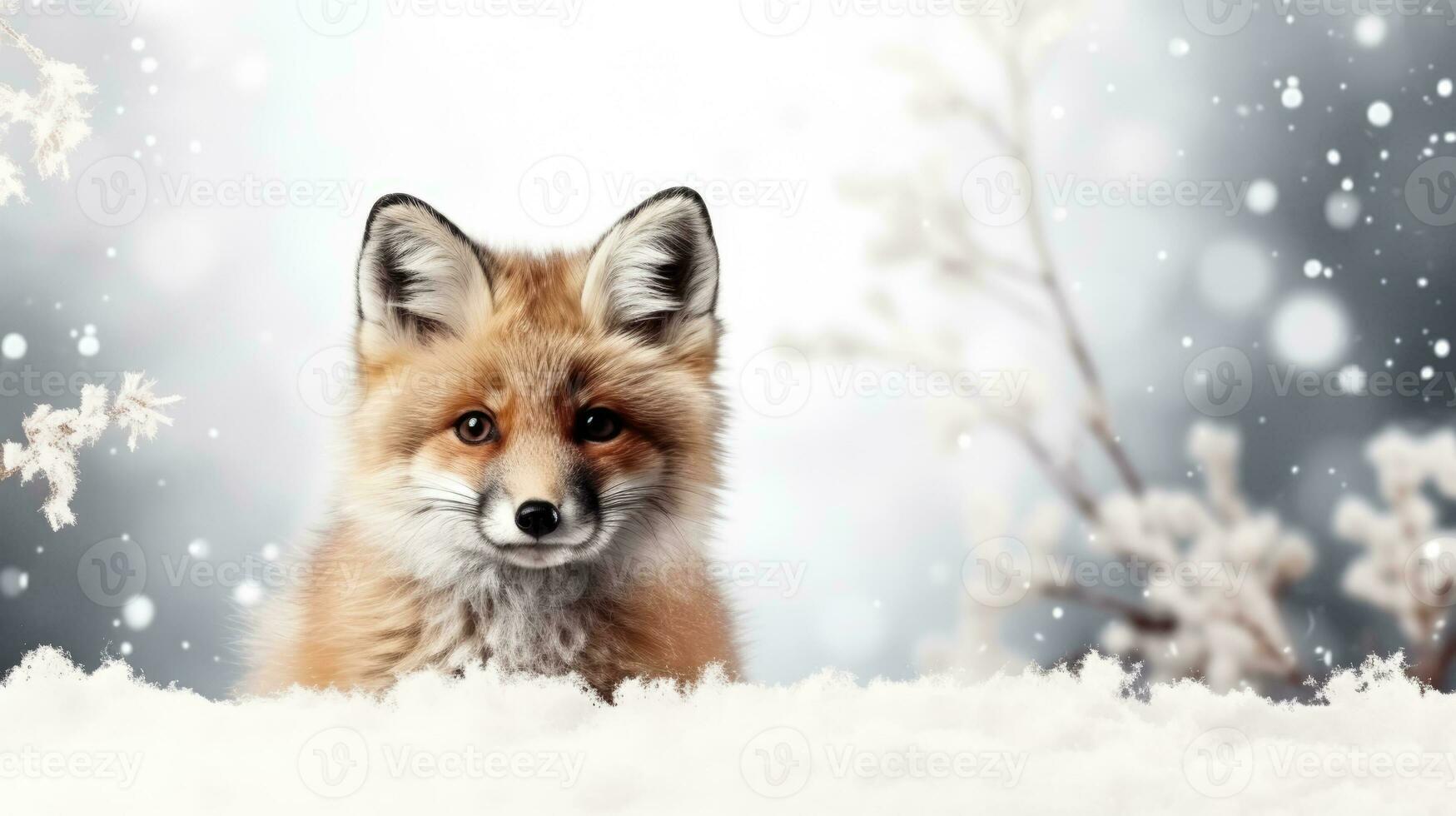 Snowy red fox on snow background with empty space for text photo