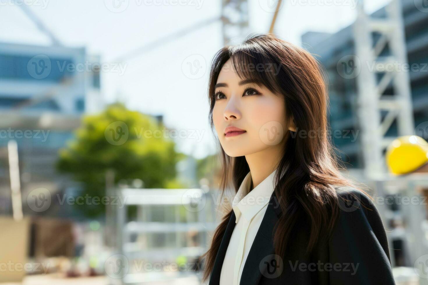 Female Japanese architect overseeing a construction site  photo with empty space for text