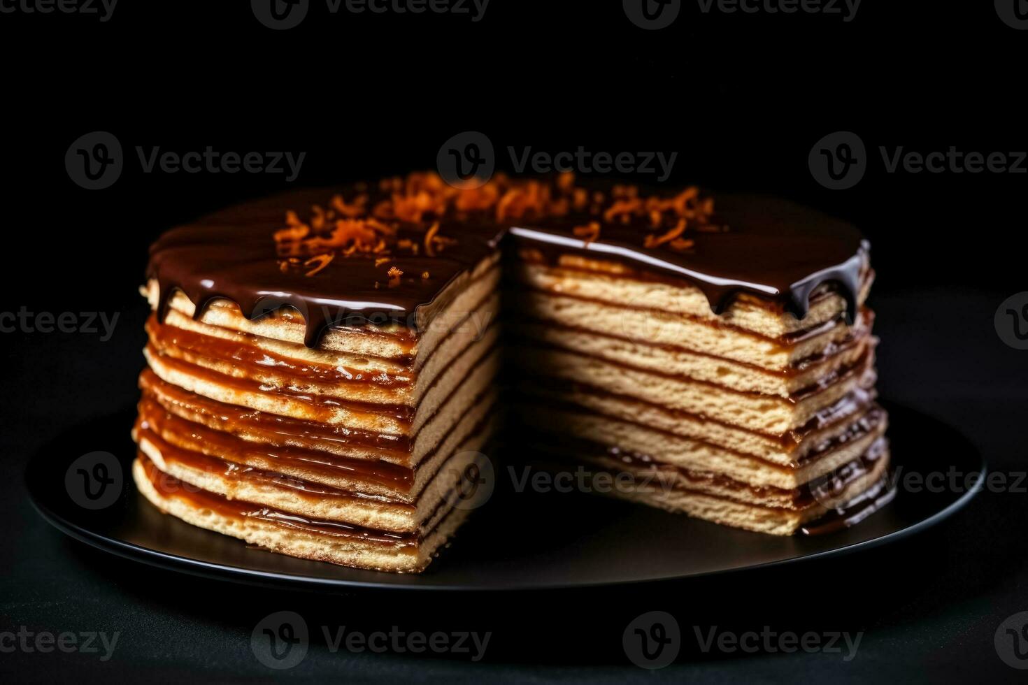 Delicious Dobos Torte dark background with empty space for text photo