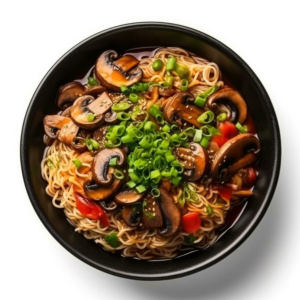 Mushroom Ramen in a black bowl top view isolated on white background photo