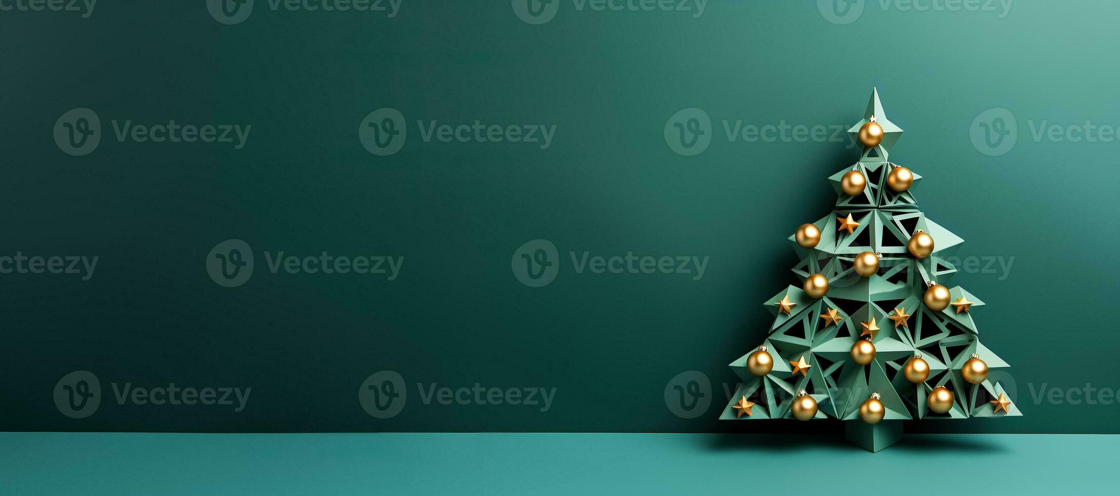 Christmas tree in art style isolated on dark green background with gold photo