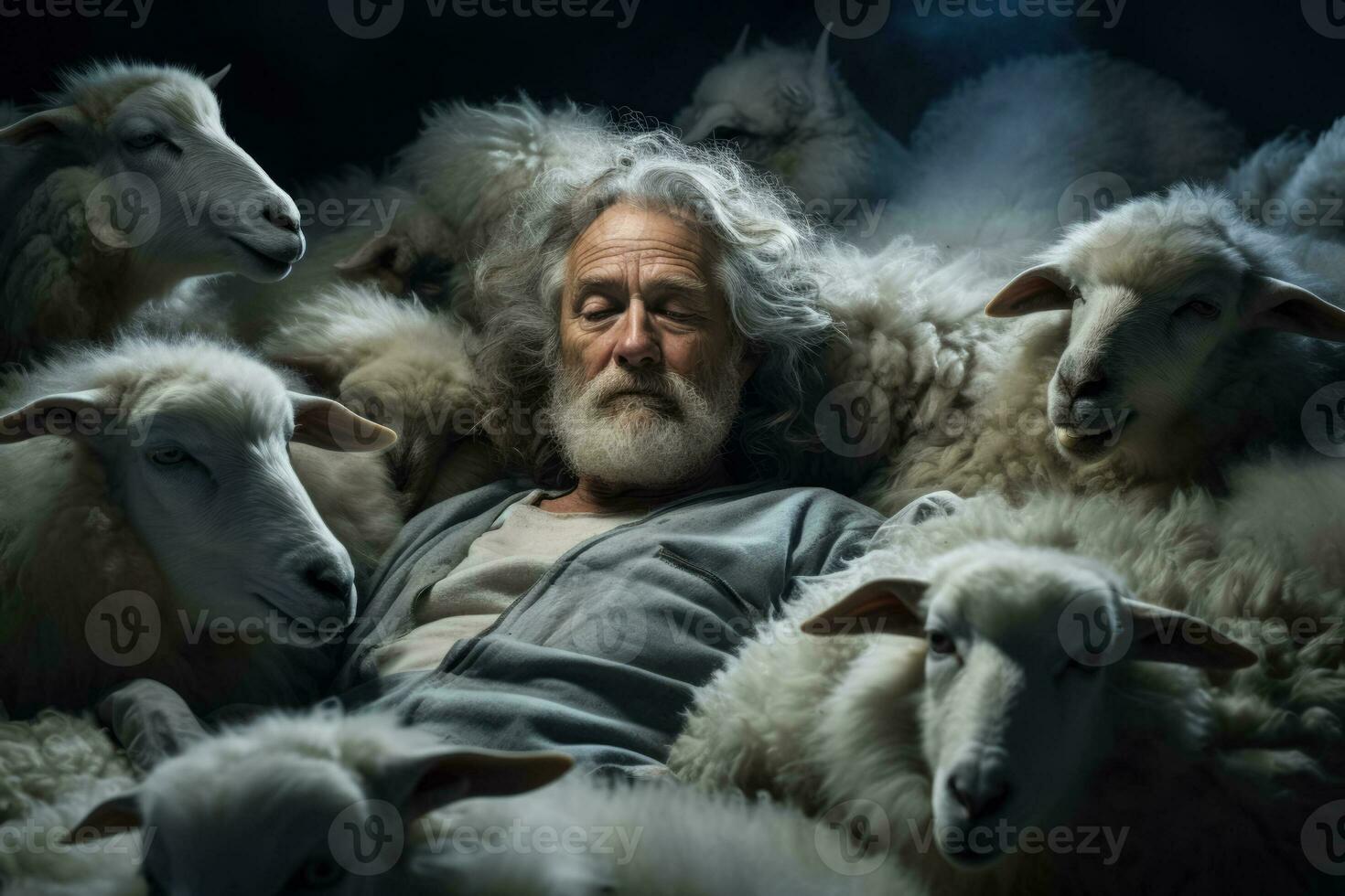 Old man tries to sleep and counting sheep in the bed photo