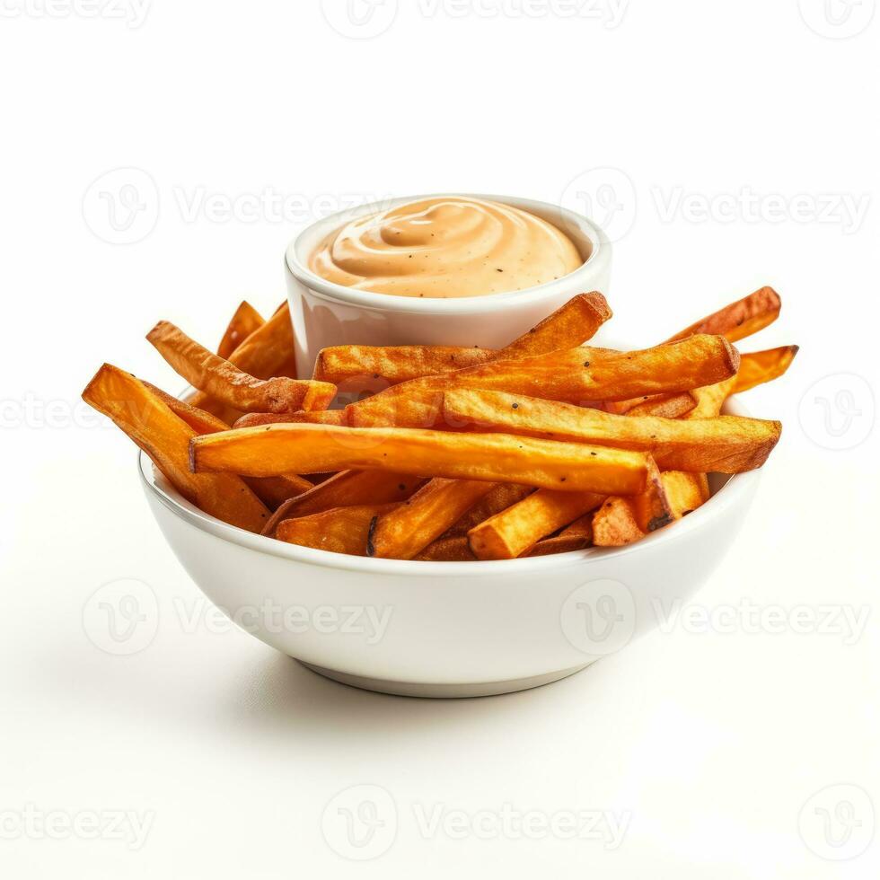 Sweet potato fries with sriracha mayo isolated on white background side view photo