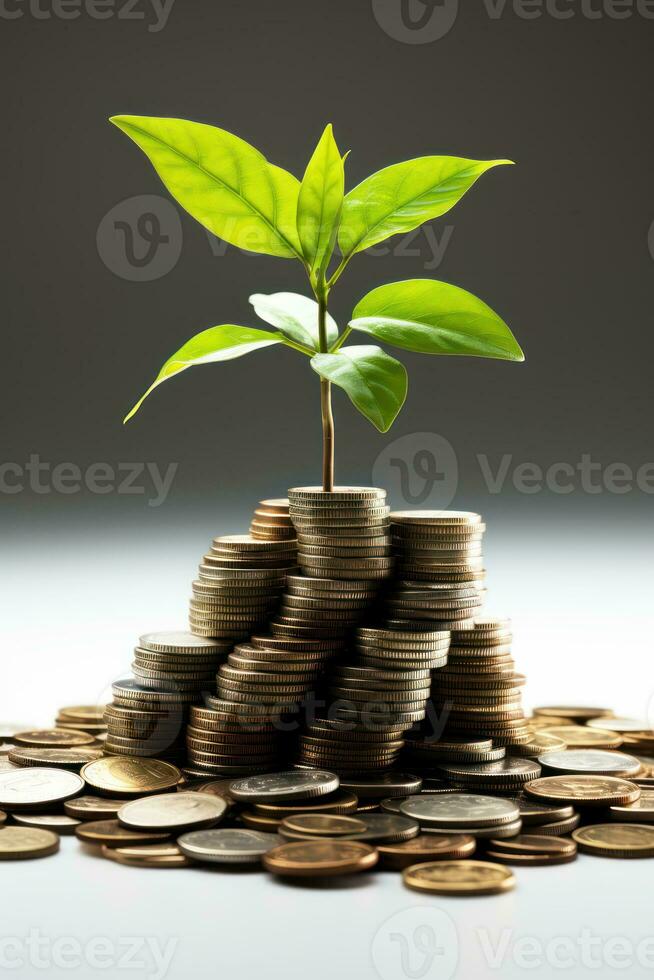 a pile of coins with a plant growing out of it AI Generated photo