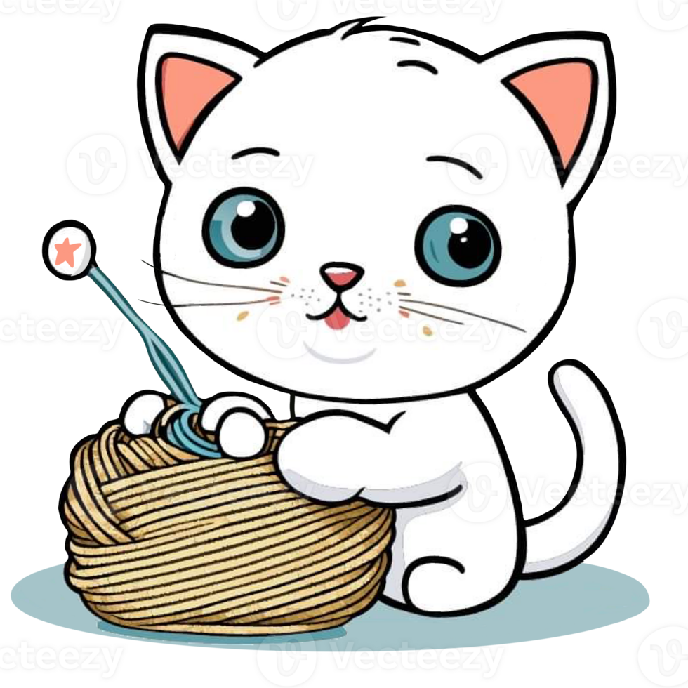cute white cat playing yarn png