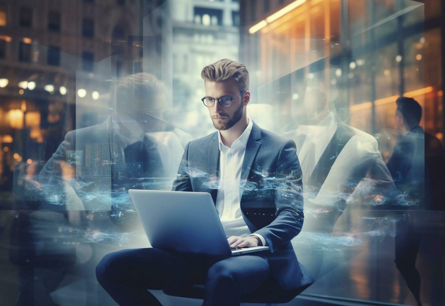 double exposure photo of a business man using laptop on his desk front view office background realistic image, ultra hd, high design very detailed