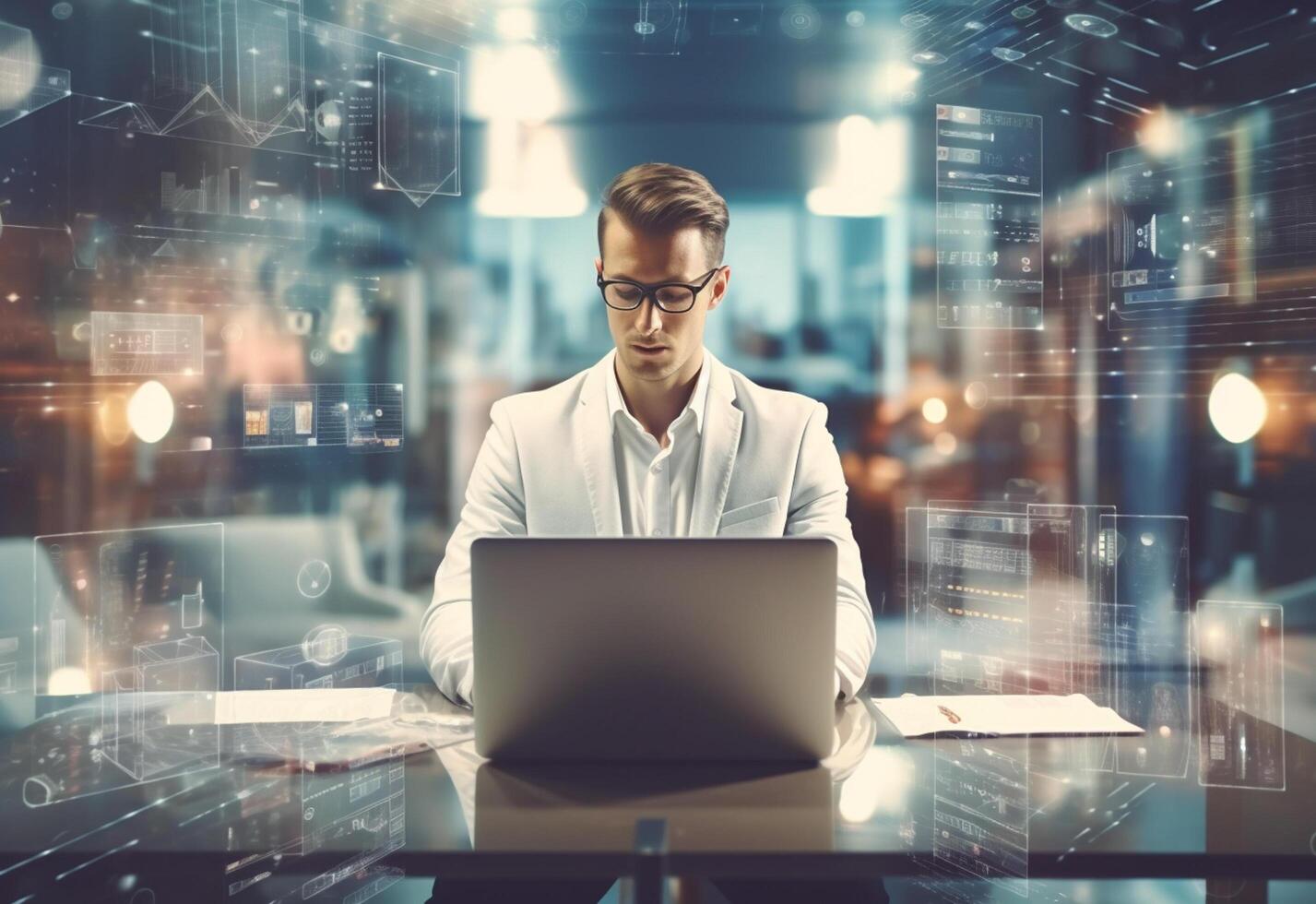 double exposure photo of a business man using laptop on his desk front view office background realistic image, ultra hd, high design very detailed